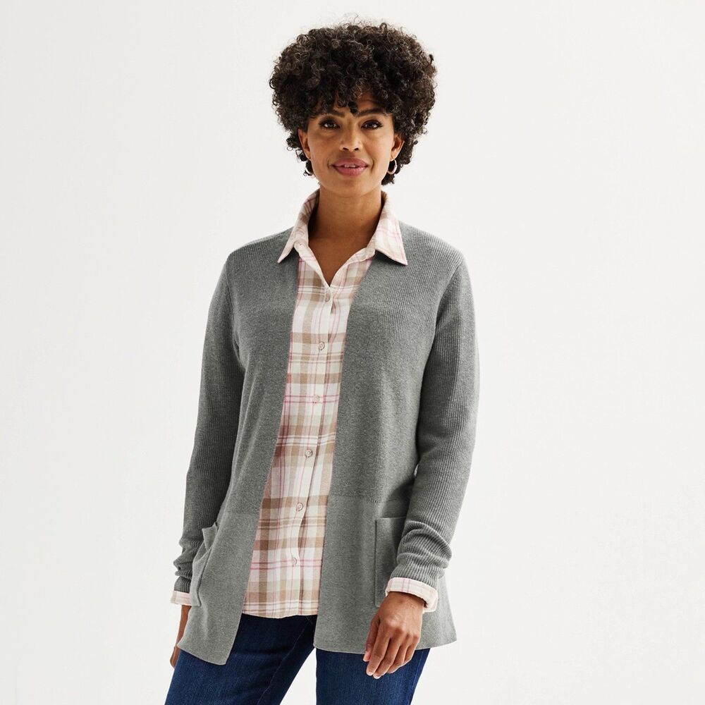 Croft & Barrow Cardigan Grey Size L Classic Ribbed Open-Front New Women's
